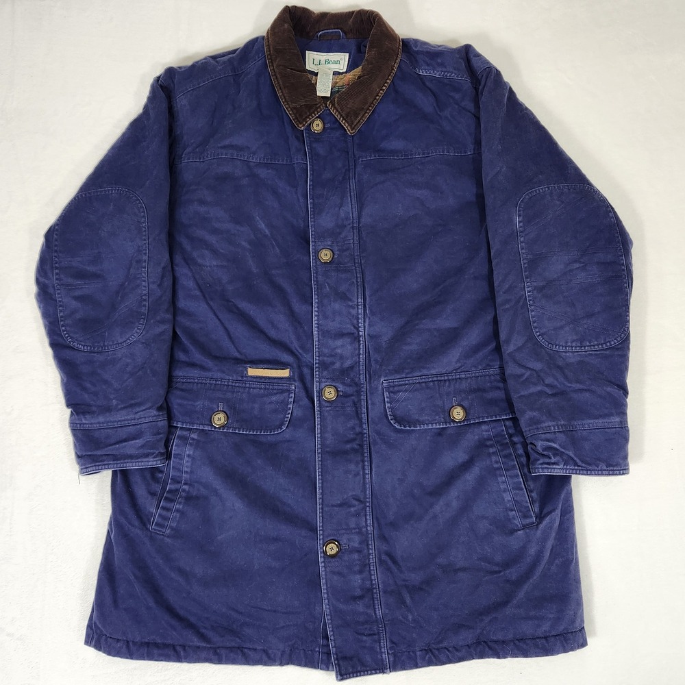 LL Bean Mens XL Tall Original Field Coat Navy Blue Canvas Plaid Flannel AQ30